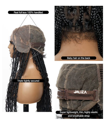Perruque tressée de type "box braids" sans nœuds, avec boucles bohèmes et cheveux humains pré-décolorés HD, de 90 cm de long, en dentelle complète.