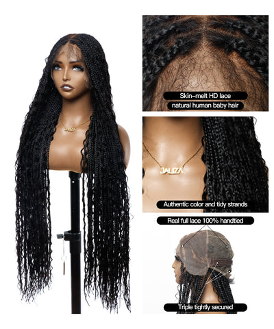 Perruque tressée de tresses Boho sans nœuds en dentelle HD Suisse sans enchevêtrement, en cheveux humains pré-décolorés, 88 mèches
