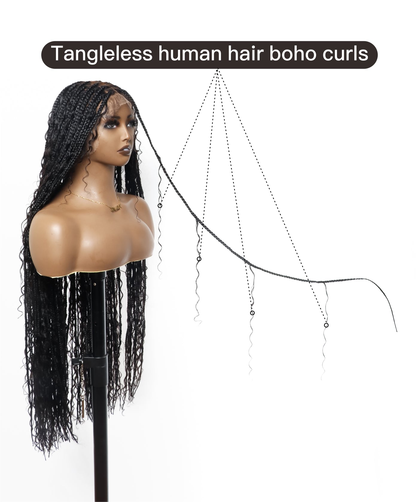 Perruque tressée de type "box braids" sans nœuds, avec boucles bohèmes et cheveux humains pré-décolorés HD, de 90 cm de long, en dentelle complète.