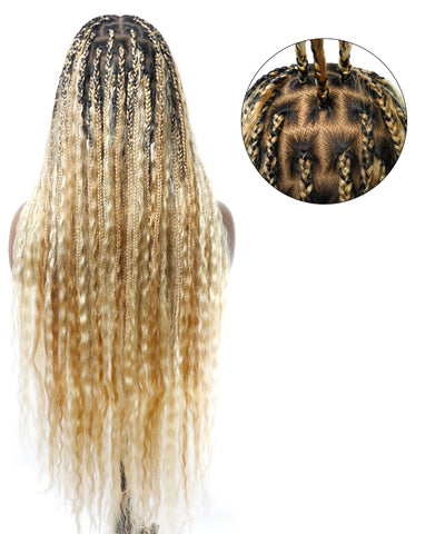 Cheveux humains Super Boho Couleur #27/613 Cheveux humains pré-décolorés Perruque tressée de type Boho sans nœuds avec dentelle, très dense, 100 mèches