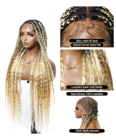Cheveux humains Super Boho Couleur #27/613 Cheveux humains pré-décolorés Perruque tressée de type Boho sans nœuds avec dentelle, très dense, 100 mèches