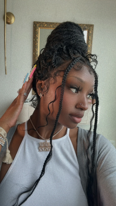 Article en liquidation - Perruque tressée boîte bohème sans nœuds avec boucles bohèmes, cheveux humains, base triangulaire HD, dentelle intégrale, 36"
