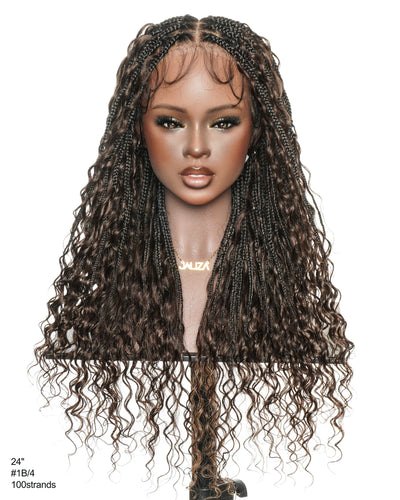 Kiki - Perruque tressée de type Boho, bouclée, en cheveux humains pré-décolorés de 24 pouces, avec base en dentelle suisse HD