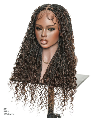 Kiki - Perruque tressée de type Boho, bouclée, en cheveux humains pré-décolorés de 24 pouces, avec base en dentelle suisse HD