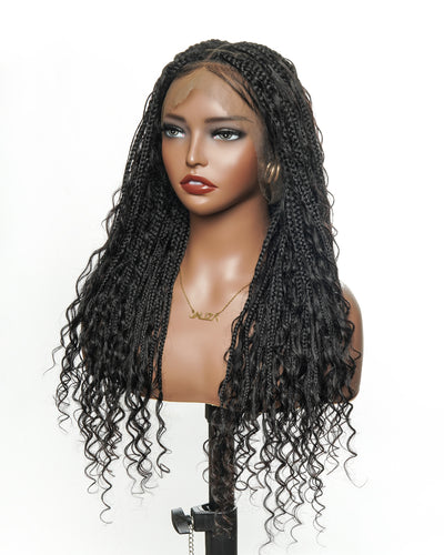 Perruque tressée boîte bohème sans nœuds, 100 % cheveux humains, boucles bohèmes, avec dentelle transparente intégrale et nouée à la main