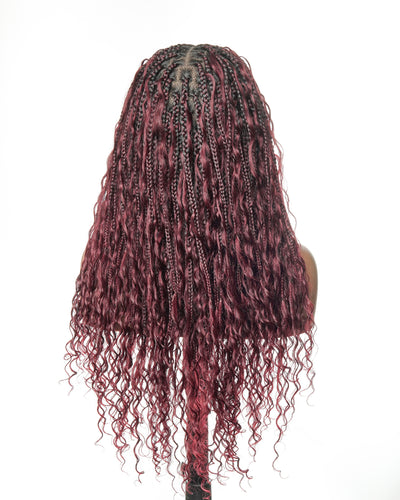 Perruque Boho tressée avec des boucles Boho en cheveux humains Full Lace HD, pré-décolorés, bordeaux foncé 99J, 100 mèches
