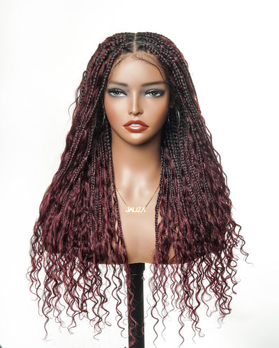 Perruque Boho tressée avec des boucles Boho en cheveux humains Full Lace HD, pré-décolorés, bordeaux foncé 99J, 100 mèches