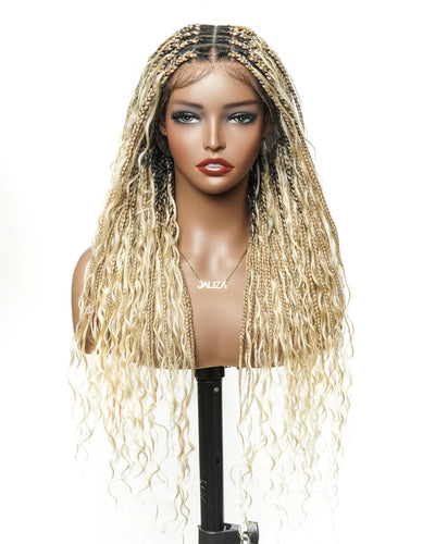 Perruque tressée de couleur 27/613 blond bouclée en forme de boîte boho