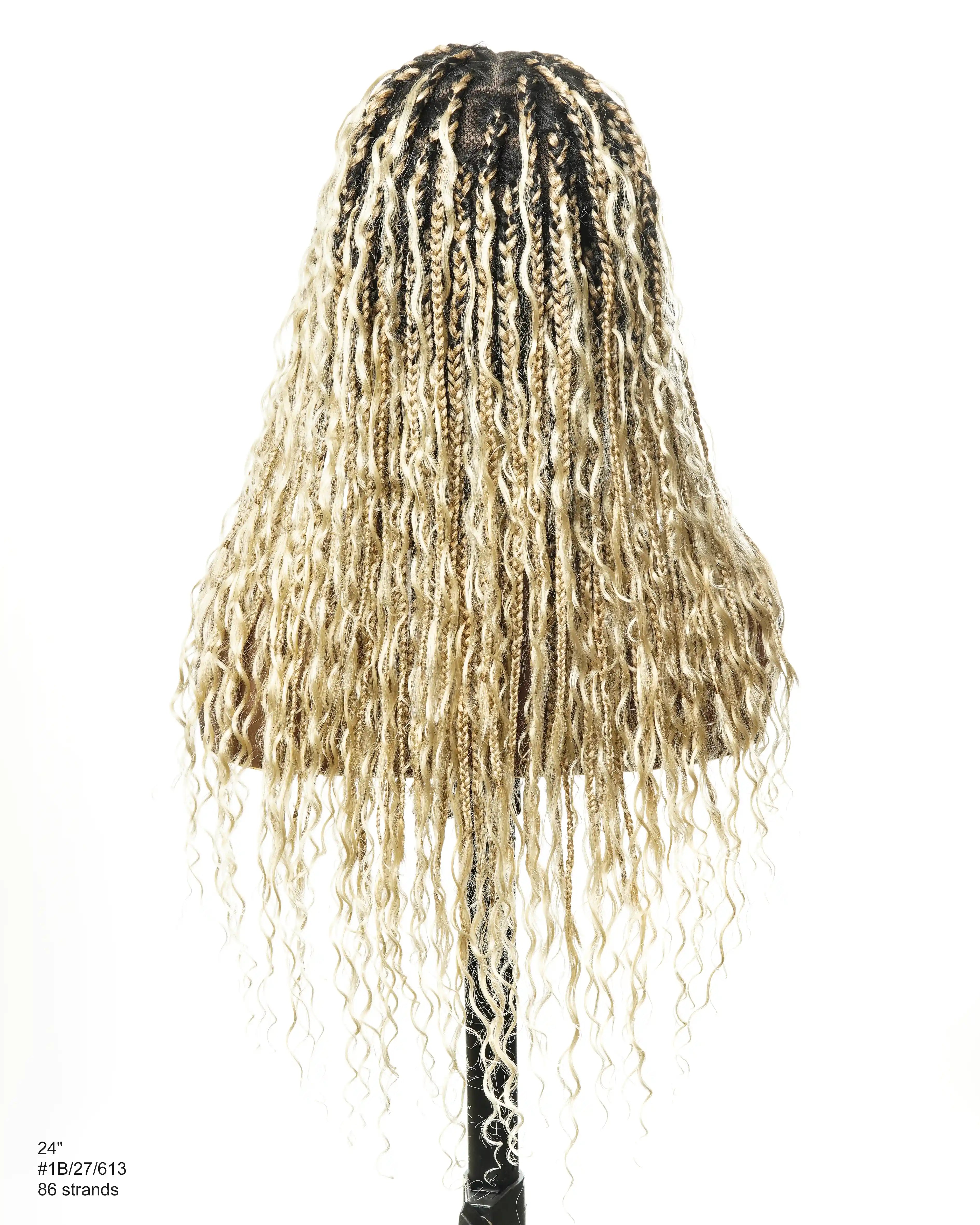Perruque tressée boîte bohème sans nœuds, 100 % cheveux humains, boucles bohèmes, avec dentelle transparente intégrale et nouée à la main