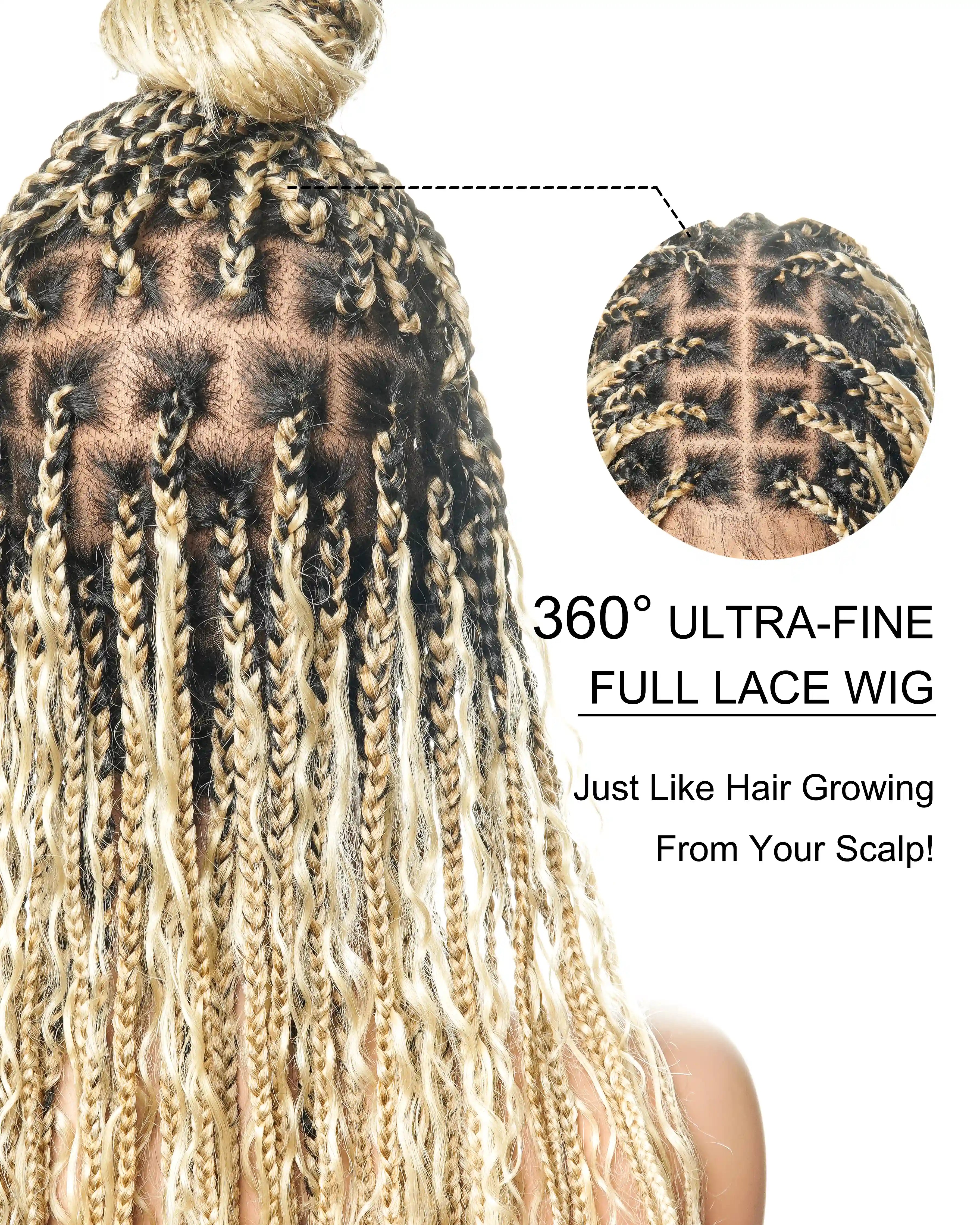 Perruque tressée boîte bohème sans nœuds, 100 % cheveux humains, boucles bohèmes, avec dentelle transparente intégrale et nouée à la main