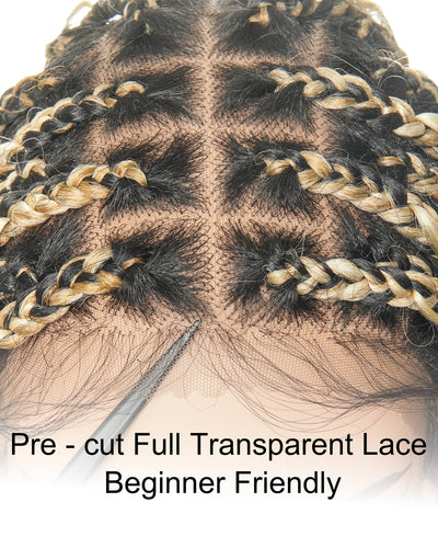 Perruque tressée boîte bohème sans nœuds, 100 % cheveux humains, boucles bohèmes, avec dentelle transparente intégrale et nouée à la main