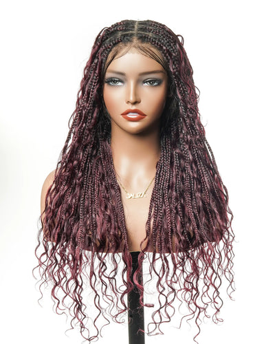 Perruque tressée boîte bohème sans nœuds, 100 % cheveux humains, boucles bohèmes, avec dentelle transparente intégrale et nouée à la main