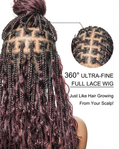 Perruque tressée boîte bohème sans nœuds, 100 % cheveux humains, boucles bohèmes, avec dentelle transparente intégrale et nouée à la main