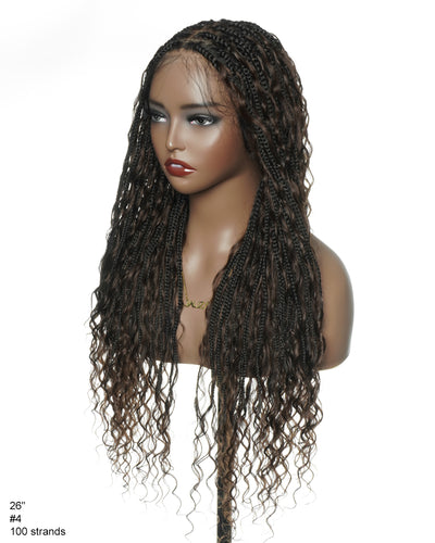Perrque de 26" Tressée Bohème en Cheveux Humains Pré-décolorés Bouclés Châtain Foncé #4