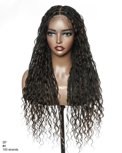 Perrque de 26" Tressée Bohème en Cheveux Humains Pré-décolorés Bouclés Châtain Foncé #4