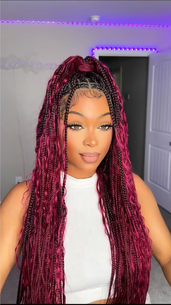 Perruque tressée Human Hair Boho Box en dentelle HD 36 pouces 100 mèches - Bordeaux clair
