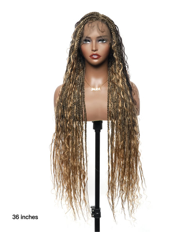 Perruque tressée Human Hair Boho Box en dentelle HD 36 pouces 100 mèches - Bordeaux clair