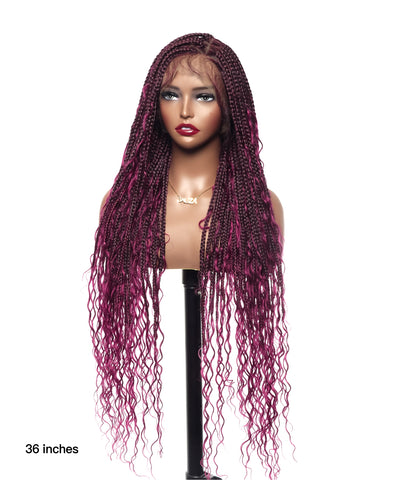 Perruque tressée de type "box braids" avec boucles bohèmes en cheveux humains sans nœuds, à base triangulaire et dentelle complète, sans emmêlement, 36" (États-Unis seulement)