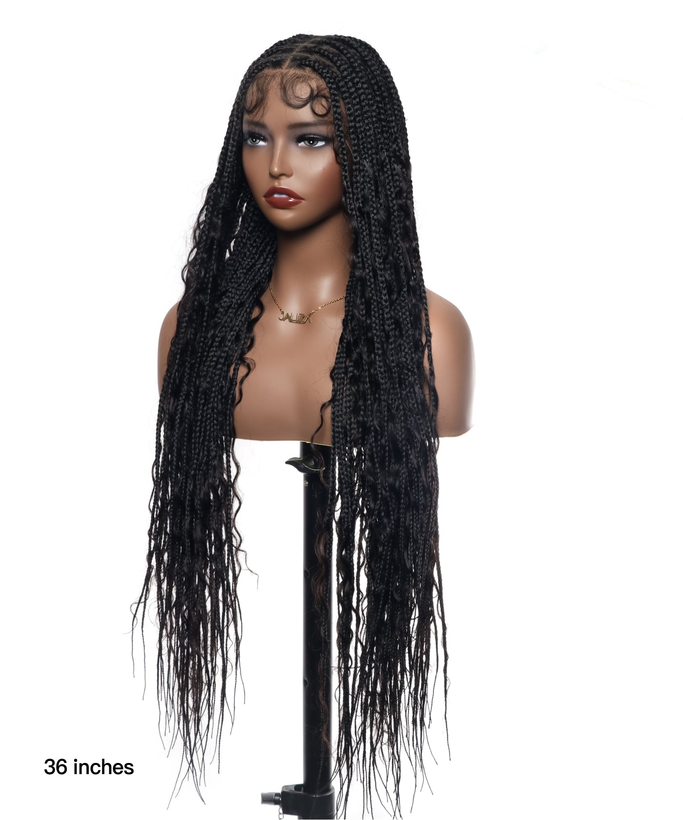 Perruque tressée sans nœuds Boho Curls, cheveux humains sans emmêlement, 32", dentelle HD, 100 mèches - Confort Plus / Dentelle extensible à raccord interne
