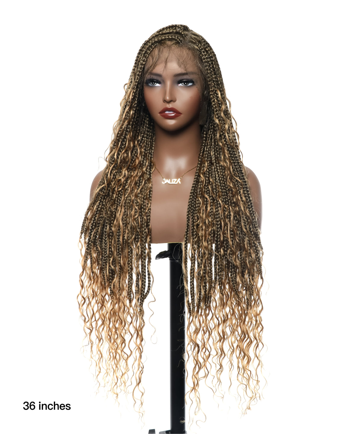 JALIZA High Density Triangle Base Knotless Human Hair Boho Box Braided Wig, 36 inches, 102 strands, Honey Blond 1B/27, displayed on a mannequin with JALIZA necklace