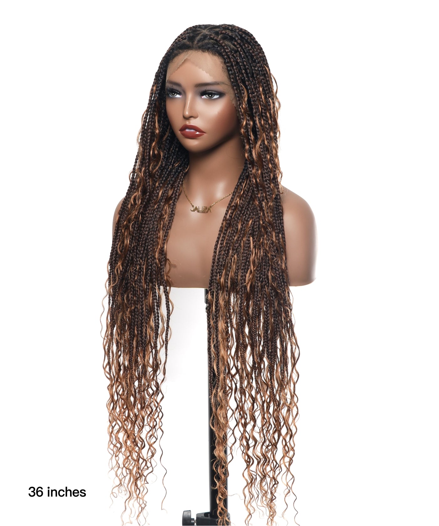 Article en liquidation - Perruque tressée boîte bohème sans nœuds avec boucles bohèmes, cheveux humains, base triangulaire HD, dentelle intégrale, 36"