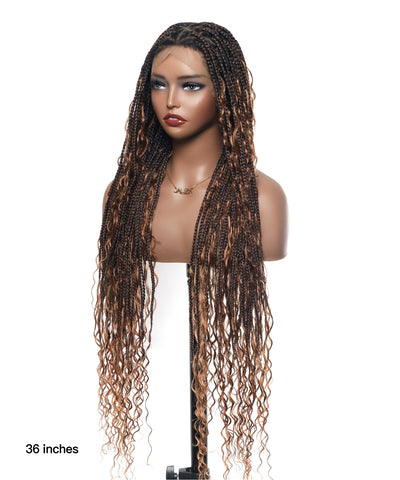 Article en liquidation - Perruque tressée boîte bohème sans nœuds avec boucles bohèmes, cheveux humains, base triangulaire HD, dentelle intégrale, 36"