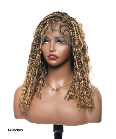 Perruque tressée sans nœuds 102 mèches, base triangulaire haute densité, boucles bohèmes, cheveux humains 14"