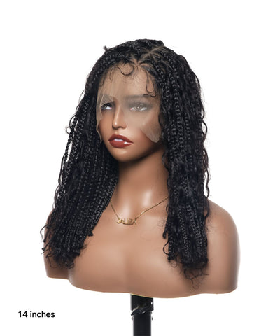 Perruque tressée sans nœuds 102 mèches, base triangulaire haute densité, boucles bohèmes, cheveux humains 14"