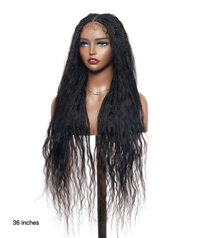 Perruque tressée boîte bohème sans nœuds, cheveux humains ondulés humides, boucles bohèmes, dentelle HD, sans enchevêtrement, très haute densité, 36"