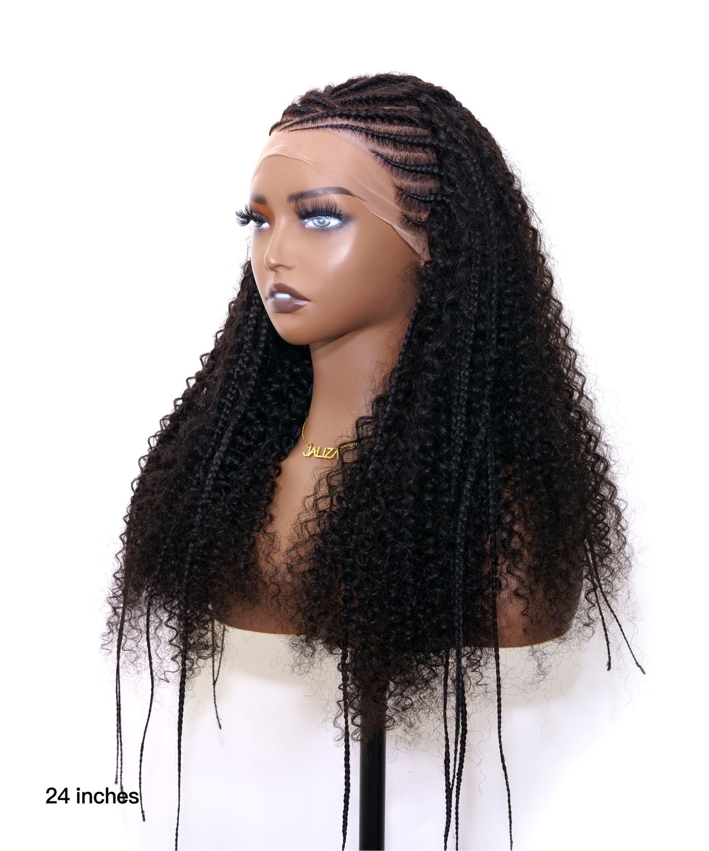 Perruque tressée de style cornrow, en cheveux humains entièrement décolorés, avec dentelle.