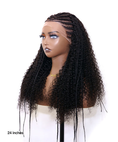 Perruque tressée de style cornrow, en cheveux humains entièrement décolorés, avec dentelle.