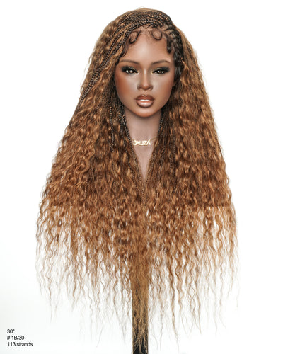 Avery - Perruque Tressée Complète en Cheveux Humains Pré-décolorés en 2 Étapes, Modèle Cornrows, avec Boucles Boho