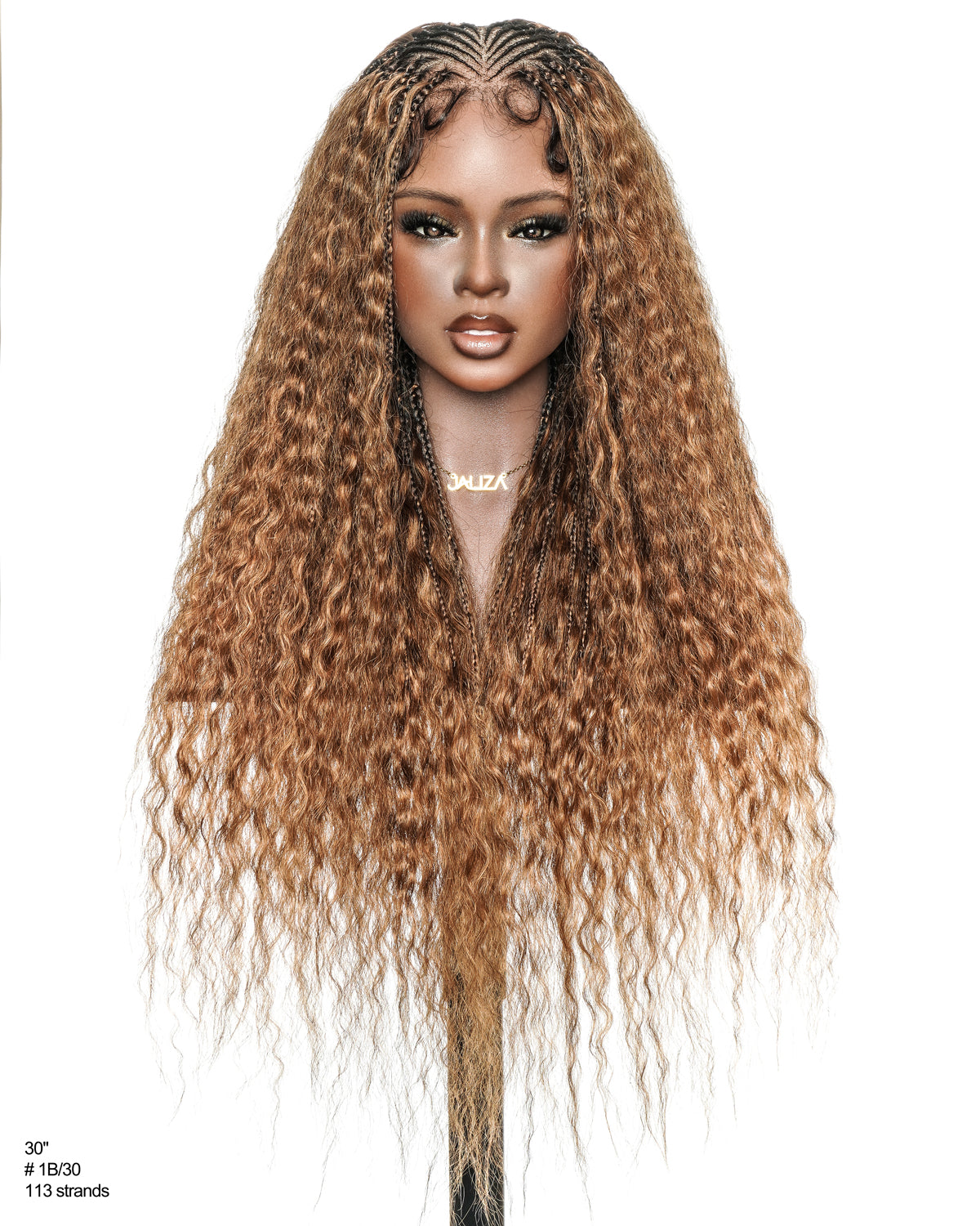 Avery - Perruque Tressée Complète en Cheveux Humains Pré-décolorés en 2 Étapes, Modèle Cornrows, avec Boucles Boho