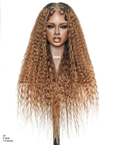 Avery - Perruque Tressée Complète en Cheveux Humains Pré-décolorés en 2 Étapes, Modèle Cornrows, avec Boucles Boho