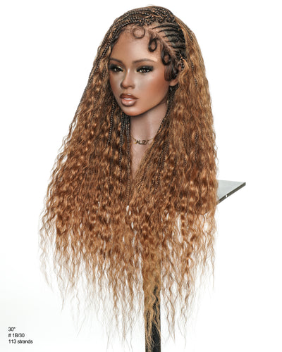Avery - Perruque Tressée Complète en Cheveux Humains Pré-décolorés en 2 Étapes, Modèle Cornrows, avec Boucles Boho