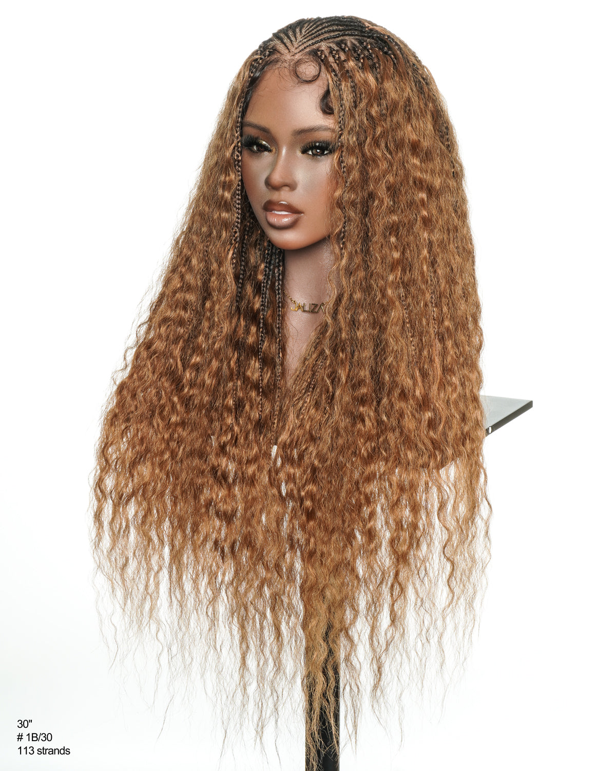 Avery - Perruque Tressée Complète en Cheveux Humains Pré-décolorés en 2 Étapes, Modèle Cornrows, avec Boucles Boho
