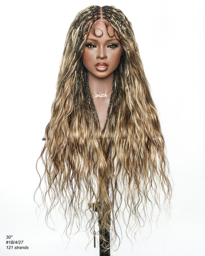 Michelle - Perruque tressée miracle sans colle style salon, dentelle suisse HD pré-blanchie, tresses Boho Bora Bora, boucles corps ondulé cheveux humains
