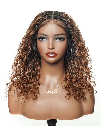Kiki - Perruque tressée boîte bohème sans nœuds, sans colle, entièrement en dentelle, 100 % cheveux humains, 40 cm, avec bonnet à cordon de serrage
