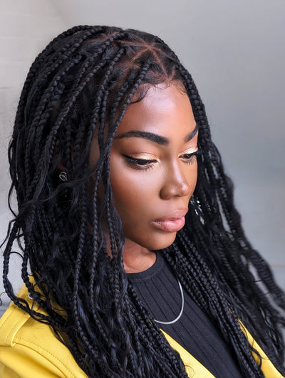 Article en liquidation - Perruque tressée boîte bohème sans nœuds avec boucles bohèmes, cheveux humains, base triangulaire HD, dentelle intégrale, 36"