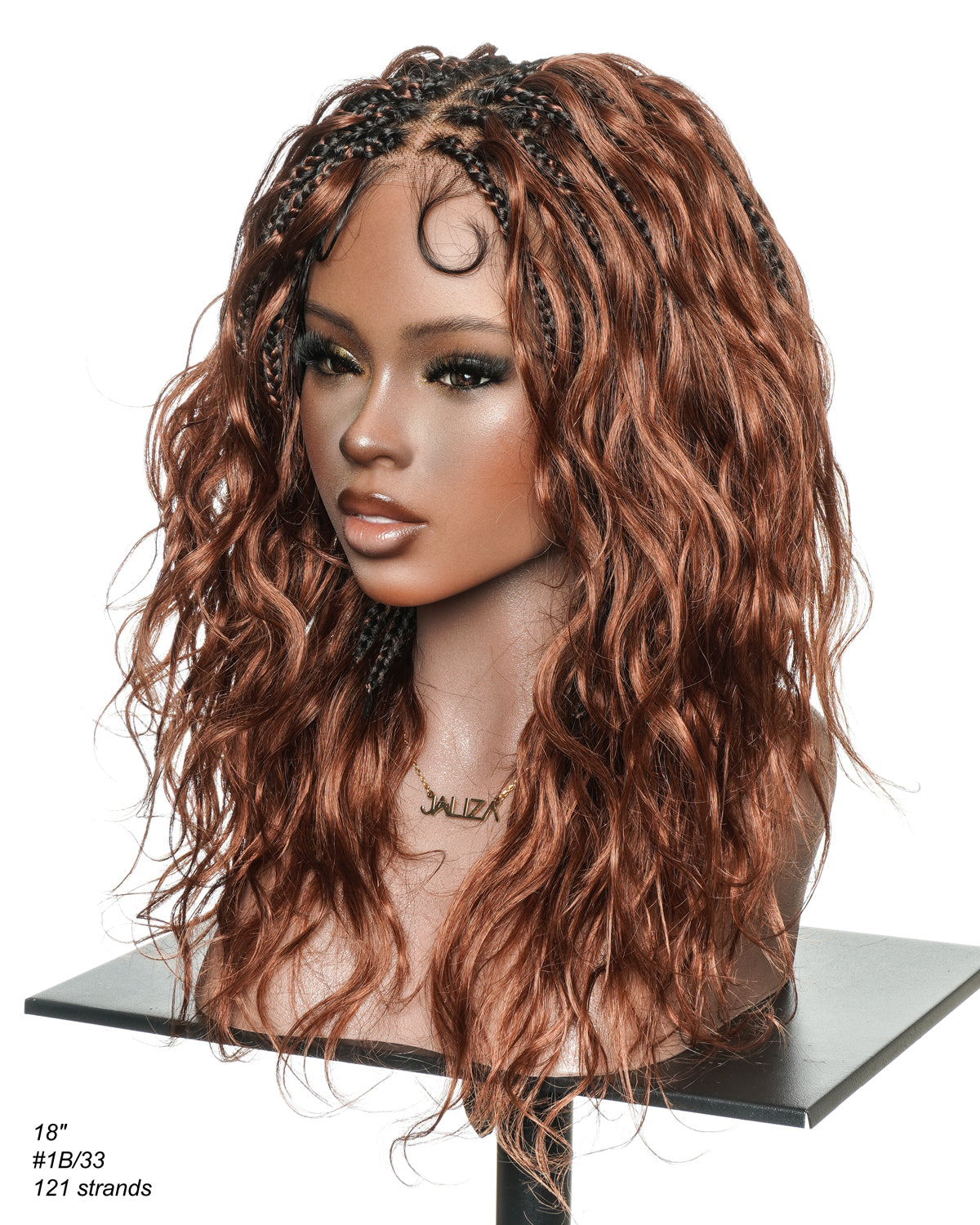 Michelle - Dark Auburn Brown Color #33 Glueless Human Hair Body Wave Curls Pre Bleached HD Full Lace Knotless Boho Box Braided Wig