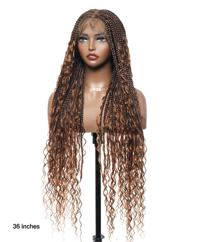 Perruque tressée de type "box braids" avec boucles bohèmes en cheveux humains sans nœuds, à base triangulaire et dentelle complète, sans emmêlement, 36" (États-Unis seulement)