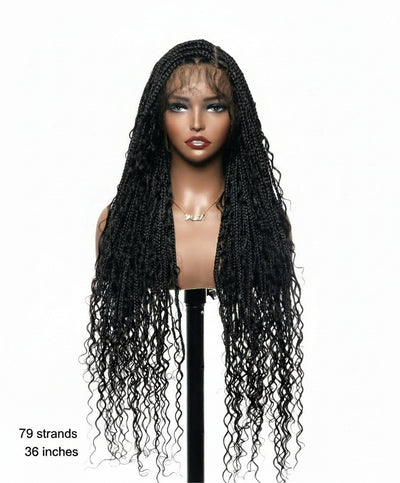 Article en liquidation - Perruque tressée boîte bohème sans nœuds avec boucles bohèmes, cheveux humains, base triangulaire HD, dentelle intégrale, 36"
