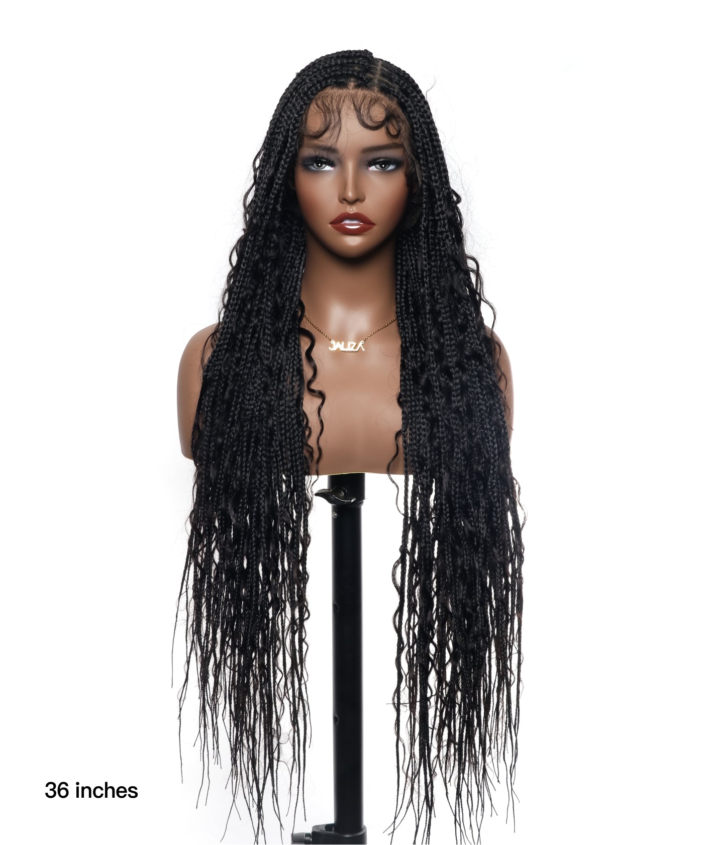 Perruque tressée sans nœuds Boho Curls, cheveux humains sans emmêlement, 32", dentelle HD, 100 mèches - Confort Plus / Dentelle extensible à raccord interne
