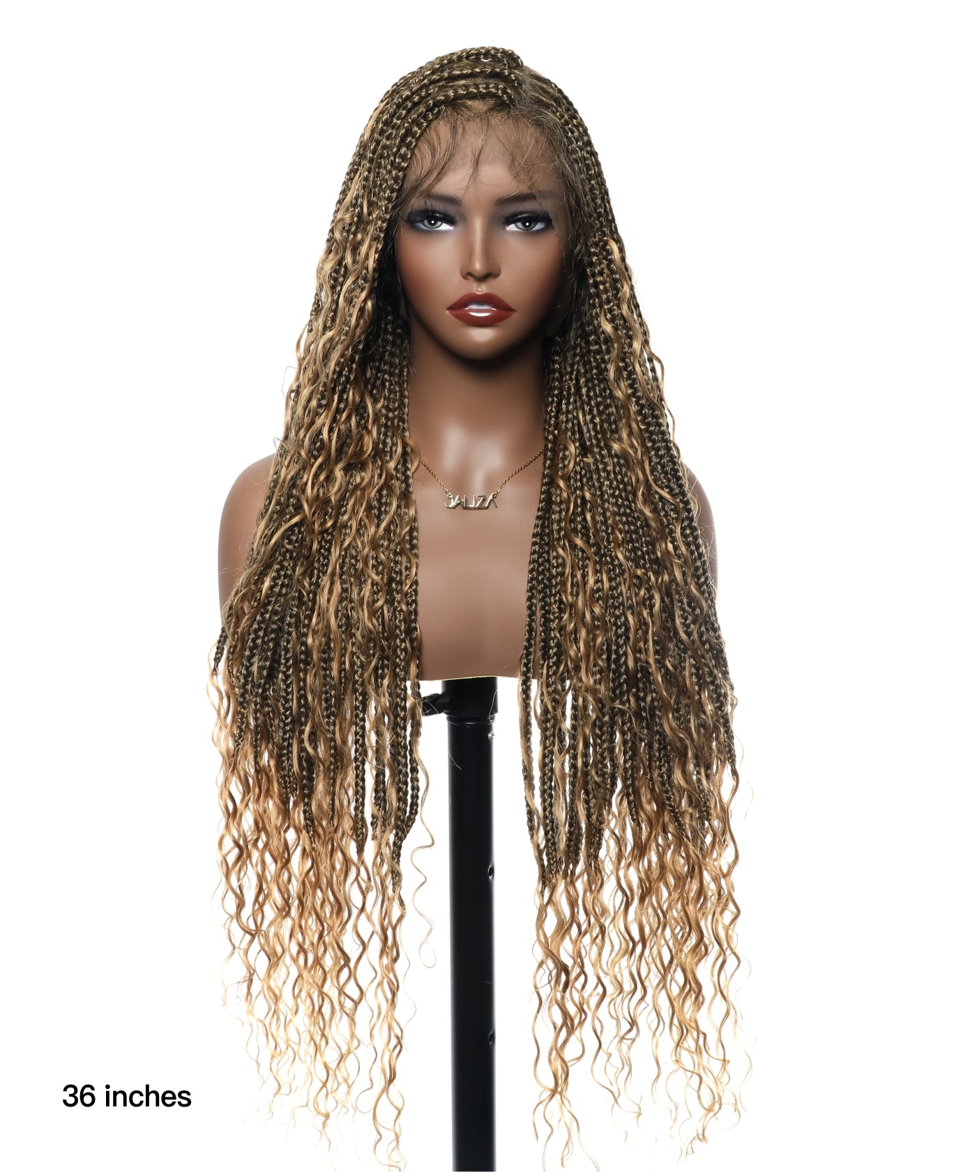 Perruque tressée de type "box braids" avec boucles bohèmes en cheveux humains sans nœuds, à base triangulaire et dentelle complète, sans emmêlement, 36" (États-Unis seulement)