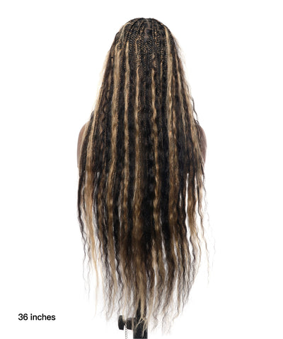 Perruque tressée boîte bohème sans nœuds, cheveux humains pré-décolorés, dentelle HD, couleur miel blond et noir piano, 36", effet mouillé et ondulé, super style