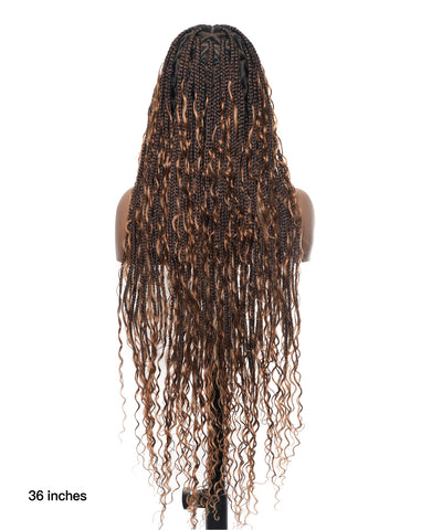 Article en liquidation - Perruque tressée boîte bohème sans nœuds avec boucles bohèmes, cheveux humains, base triangulaire HD, dentelle intégrale, 36"