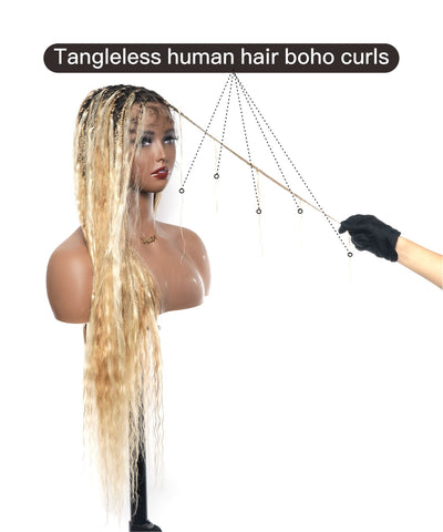 Cheveux humains Super Boho Couleur #27/613 Cheveux humains pré-décolorés Perruque tressée de type Boho sans nœuds avec dentelle, très dense, 100 mèches