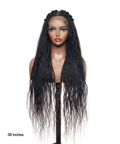 Perruque tressée boîte bohème sans nœuds, cheveux humains ondulés humides, boucles bohèmes, dentelle HD, sans enchevêtrement, très haute densité, 36"