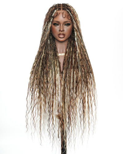 Perruque tressée de style bohème, 90 cm, Balayage, couleurs 4-27-30-613-35, mouillée et ondulée
