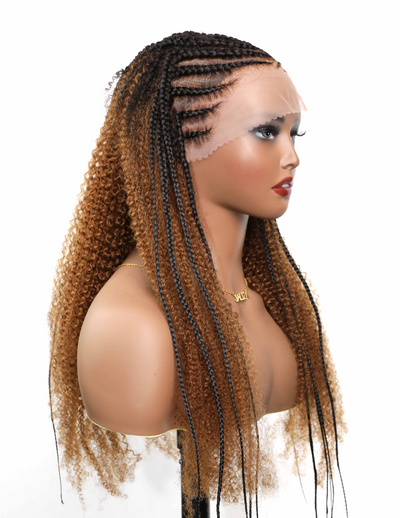 Perruque tressée de style cornrow, en cheveux humains entièrement décolorés, avec dentelle.